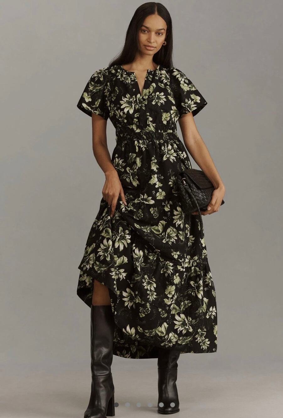 Anthropologie Somerset Maxi Black Botanical Floral Lily Cotton Dress Size Large